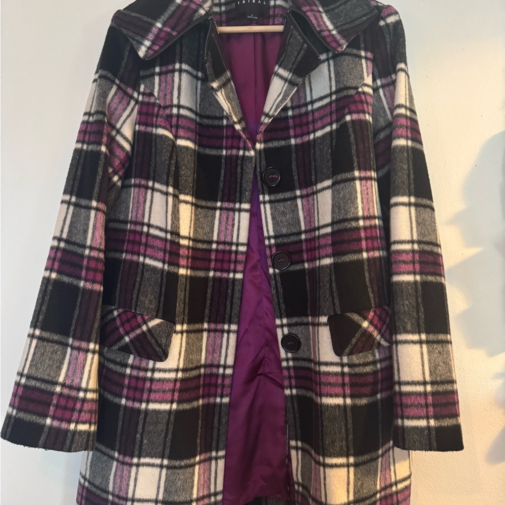 Tribal Plaid Pea Coat - Black, White, and Purple